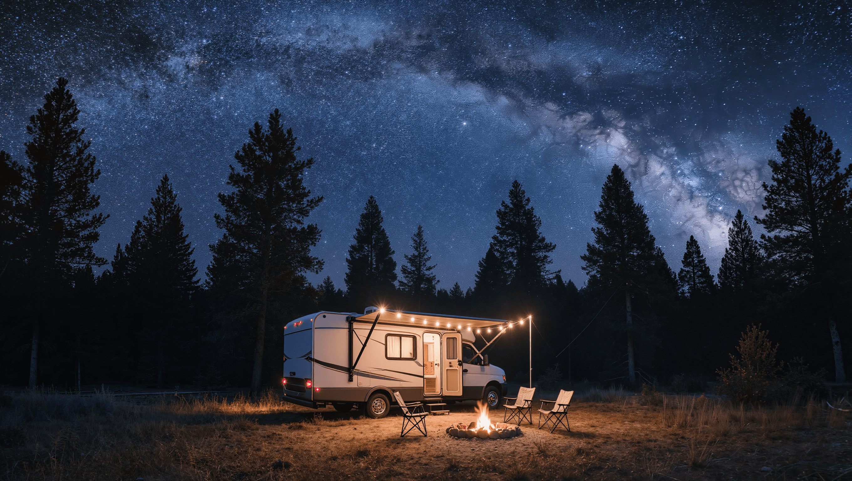 Camper van at a Pisgah forest campsite at night