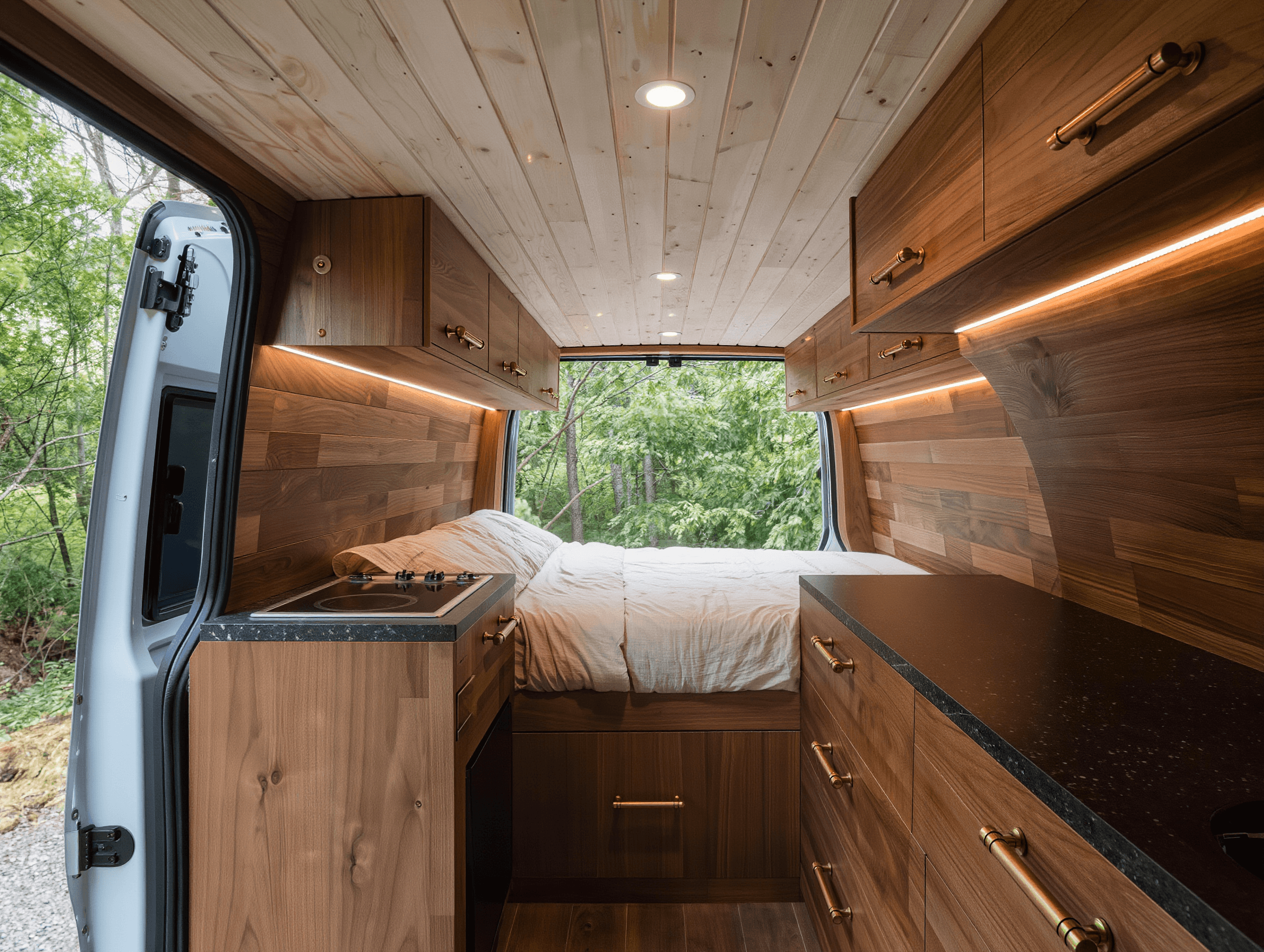 Walnut and white oak camper van interior