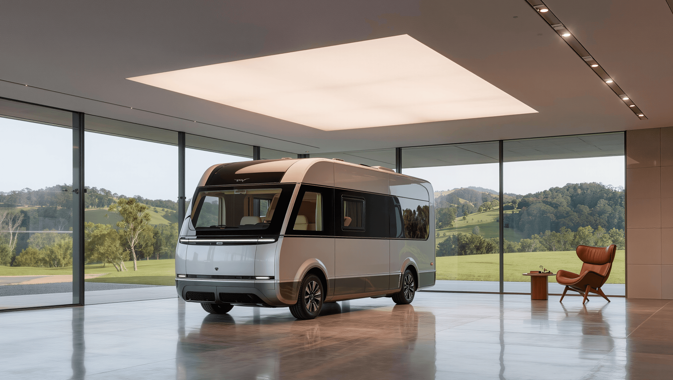 Camper van in a modern glass showroom