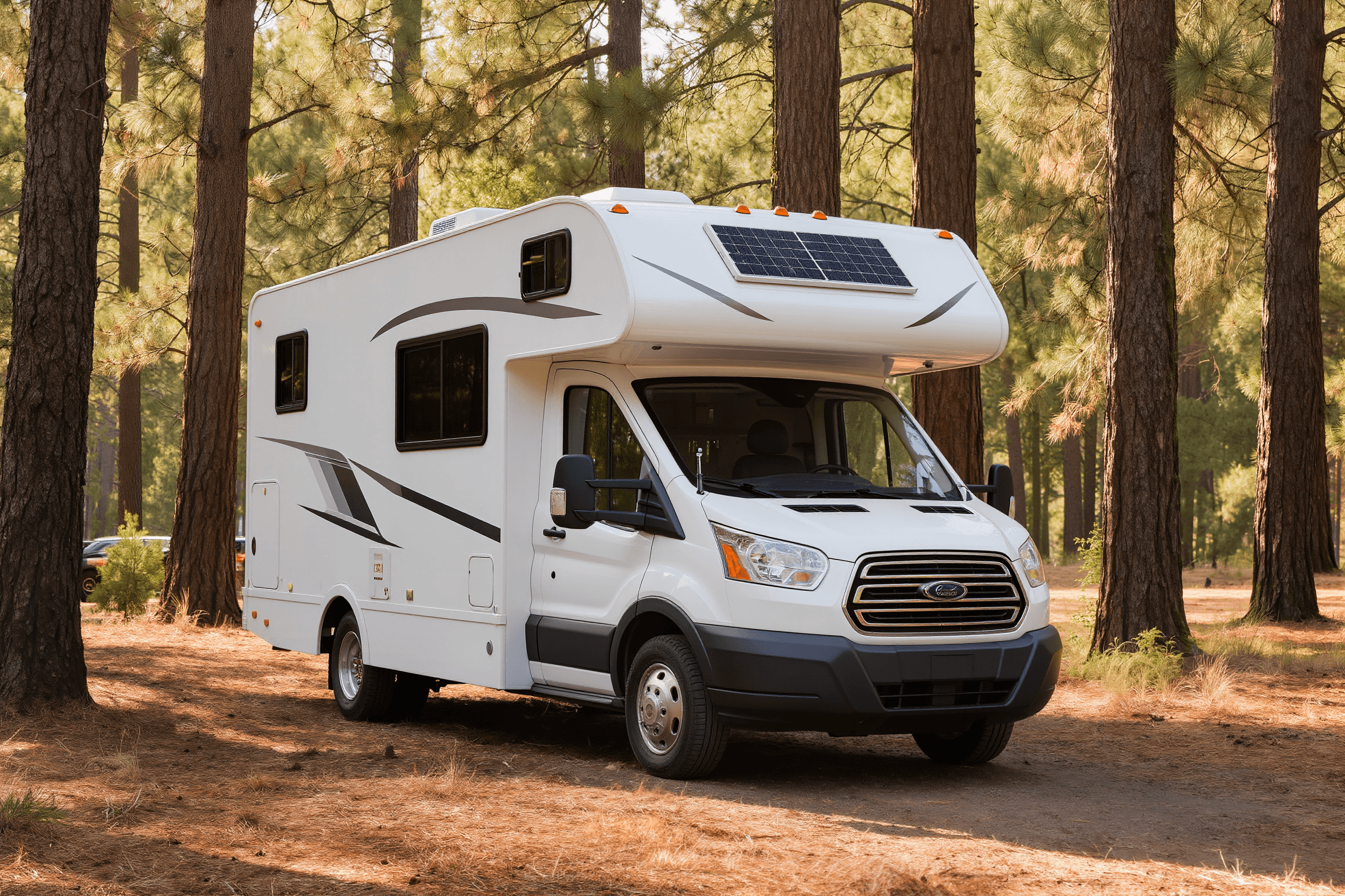 Oxford white Ford Transit 148 camper van in a pine campground